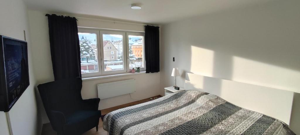 1 dormitorio con cama y ventana en Apartmán Pod Ještědem, en Liberec