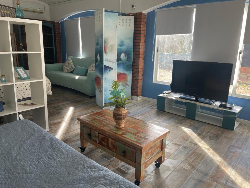 ein Wohnzimmer mit einem Sofa und einem TV in der Unterkunft Raconet Azul - Circuito Cataluña in Vallromanas