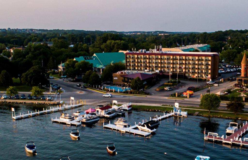 an aerial view of a marina with boats in the water at Harbor Shores on Lake Geneva in Lake Geneva