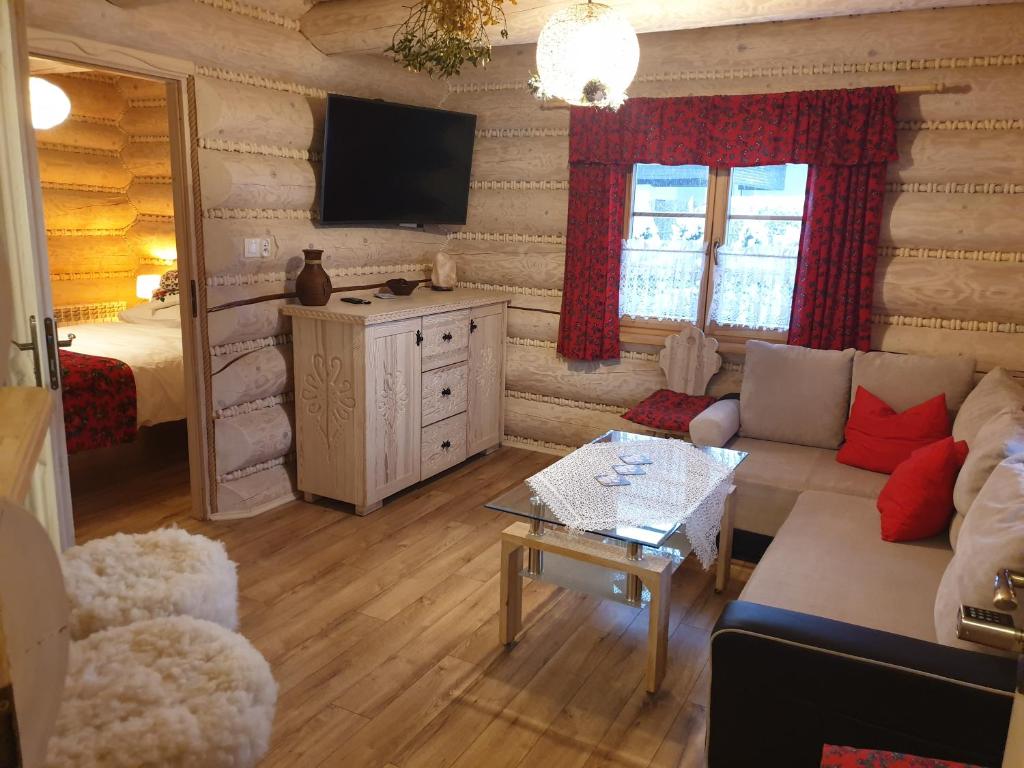 salon z kanapą i telewizorem w obiekcie Sykowno chata w Szczyrku