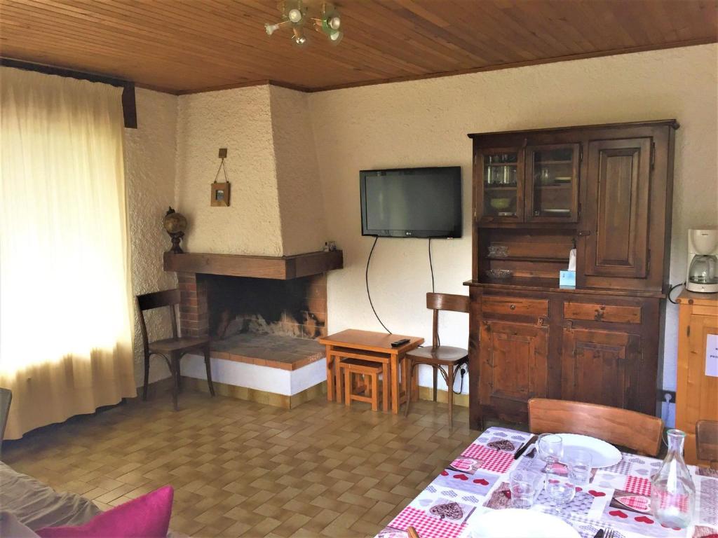 a living room with a tv and a fireplace at Appartement La Clusaz, 2 pièces, 4 personnes - FR-1-459-63 in La Clusaz