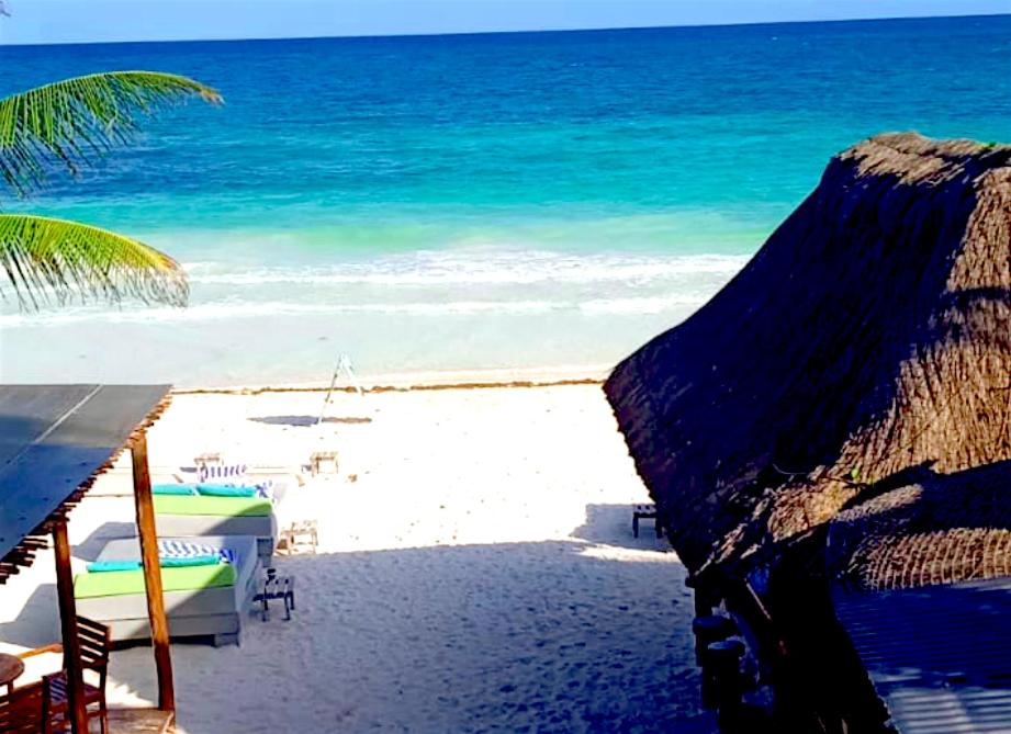 een uitzicht op een strand met stoelen en de oceaan bij Playa Canek Beachfront Eco Hotel in Tulum