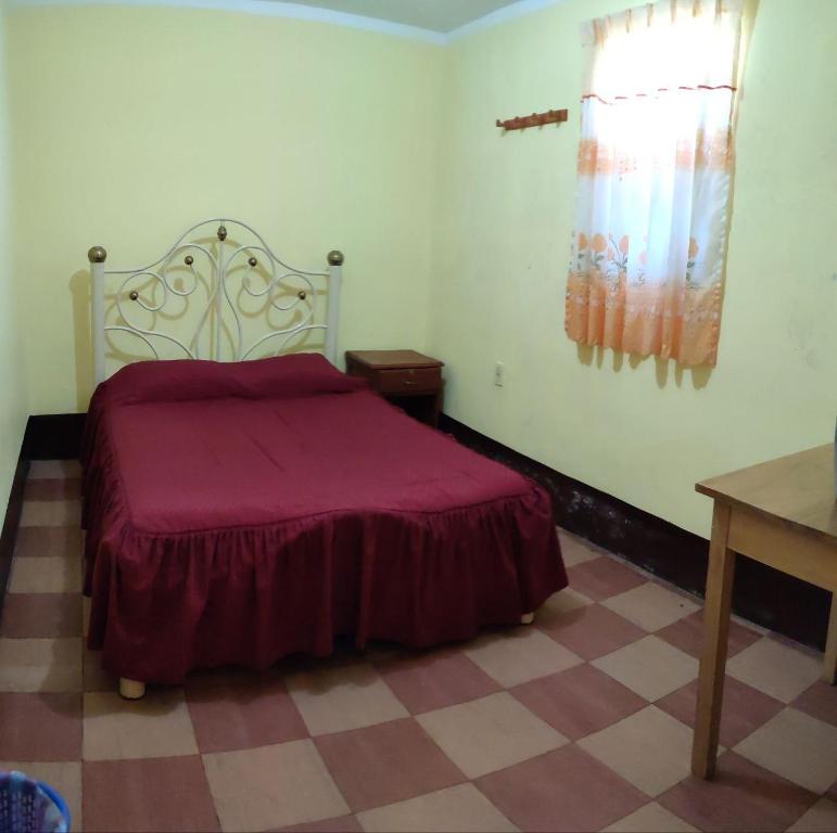 a bedroom with a bed with a red bedspread at Alojamiento la Gran Estación in Uyuni