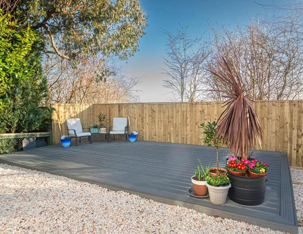 a patio with two chairs and a table and some plants at StAndrews- Sleeps4- FamilyFriendly- NewlyRenovated in St. Andrews