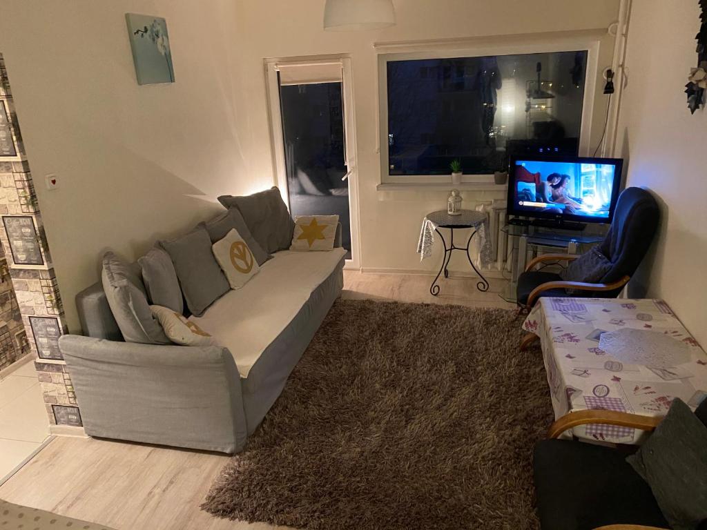 ein Wohnzimmer mit einem Sofa und einem TV in der Unterkunft Kawalerka 3km manufaktura in Łódź