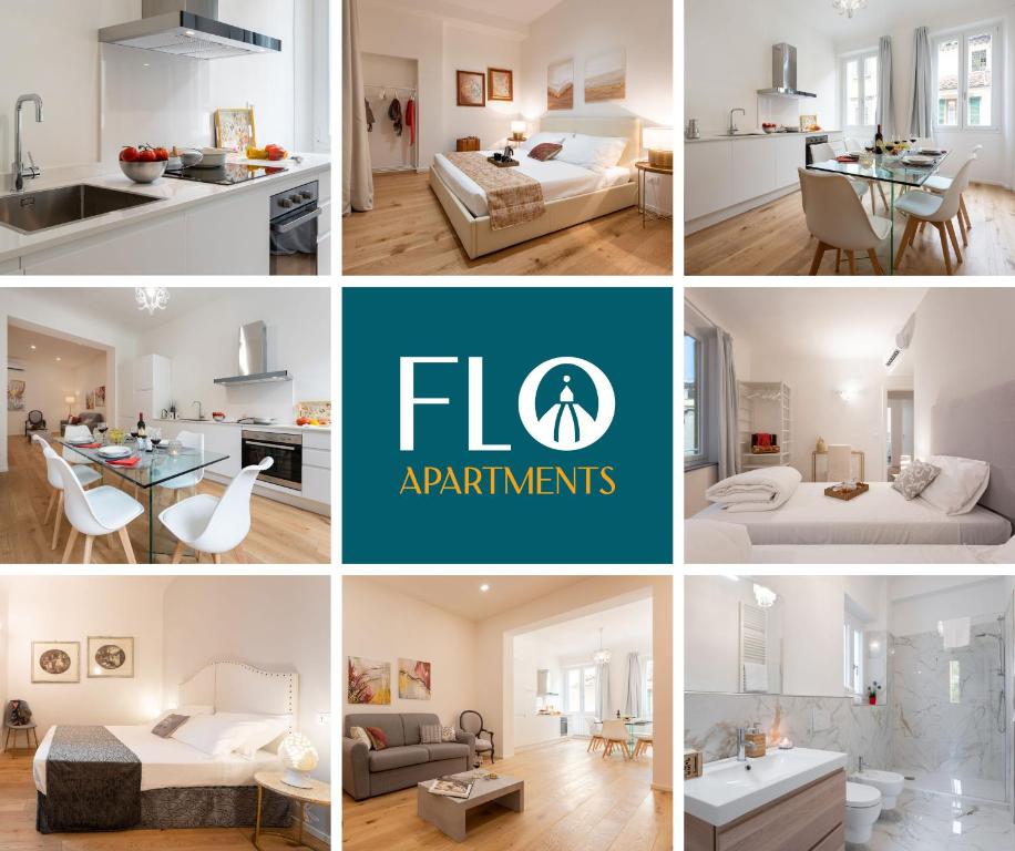 a collage of photos of a white apartment at Accademia - Flo Apartments in Florence