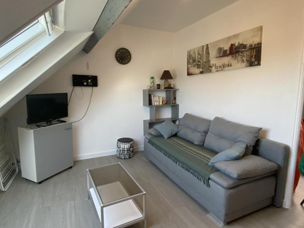 a living room with a couch and a television at Gites Plein Ciel in Rethel