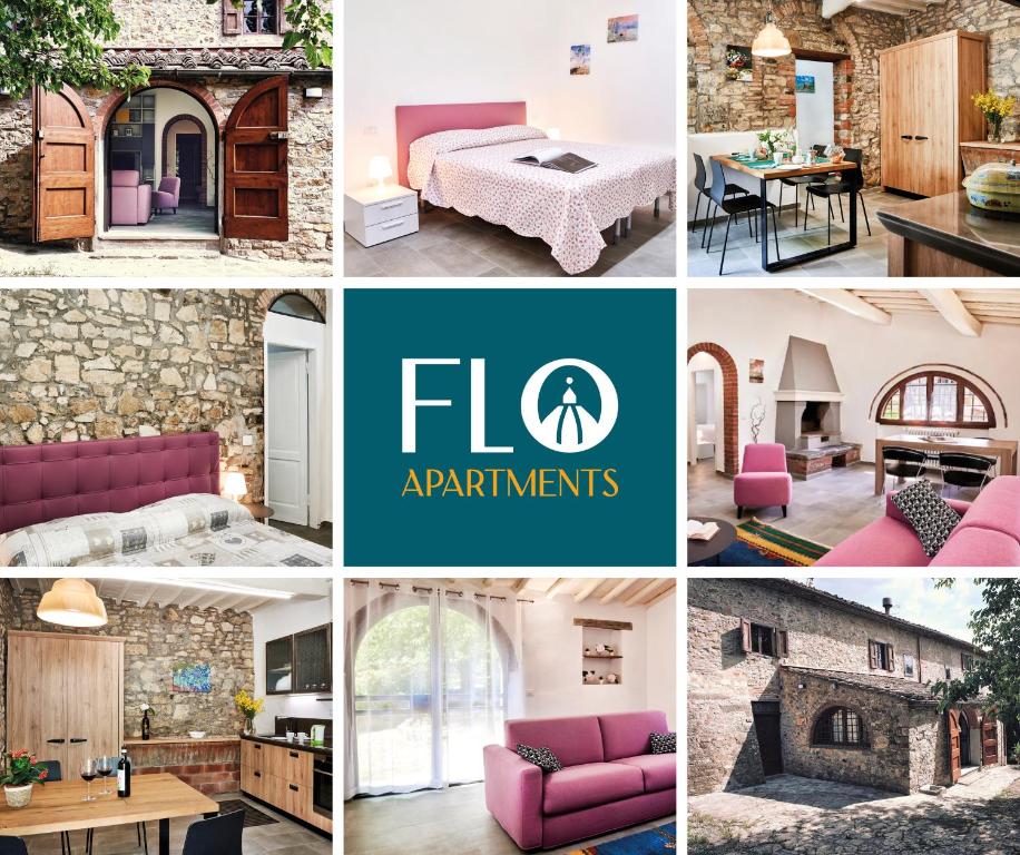 Un collage de fotos con el logo de Flop Apartments. en Casa Iris Panzano in Chianti, en Pieve di Panzano