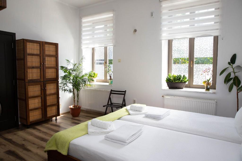 Cette chambre blanche dispose de 2 lits et de 2 fenêtres. dans l'établissement Cosy apartment in city centre, à Oradea