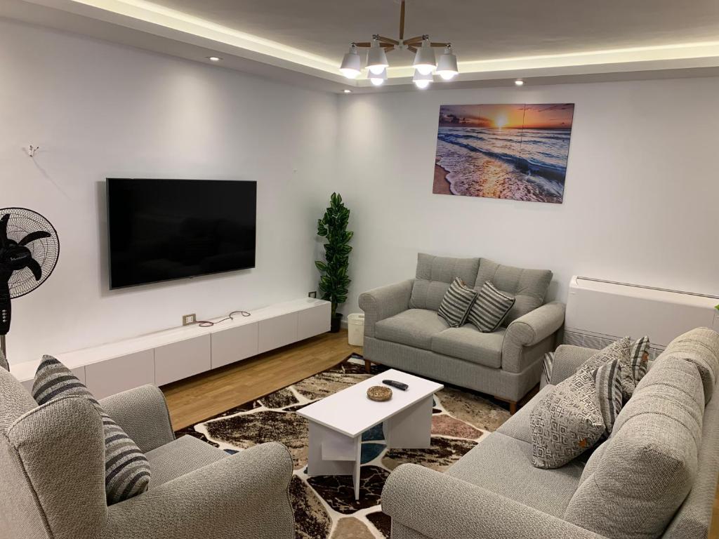 a living room with couches and a flat screen tv at شارع لبنان - المهندسين - القاهرة مصر in Cairo