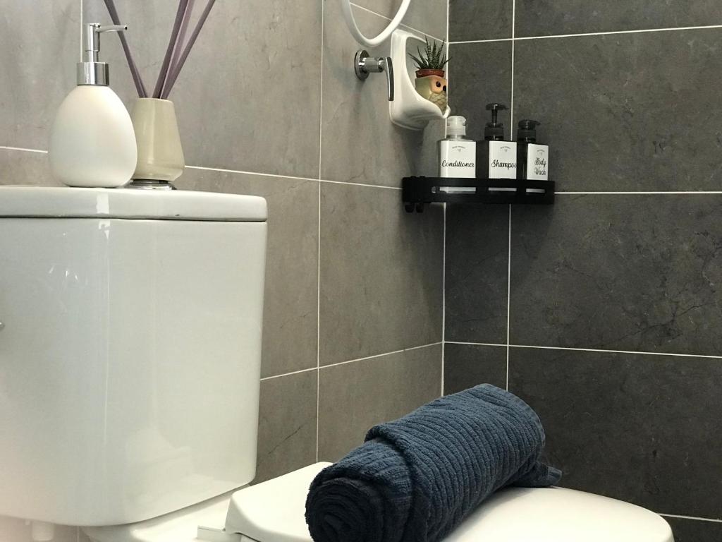 a bathroom with a toilet with a blue towel on it at Wabi-Sabi Guesthouse At Ipoh Town 侘寂风民宿 in Ipoh