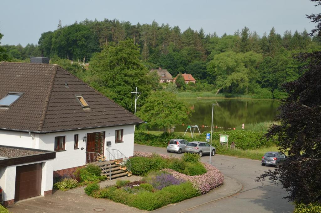 a house with cars parked in front of a lake at Ohm in Holtsee