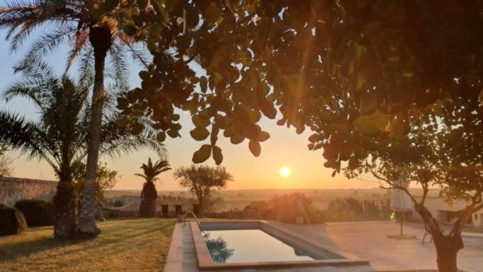 a sunset over a swimming pool with palm trees at Villa Calma in Noto