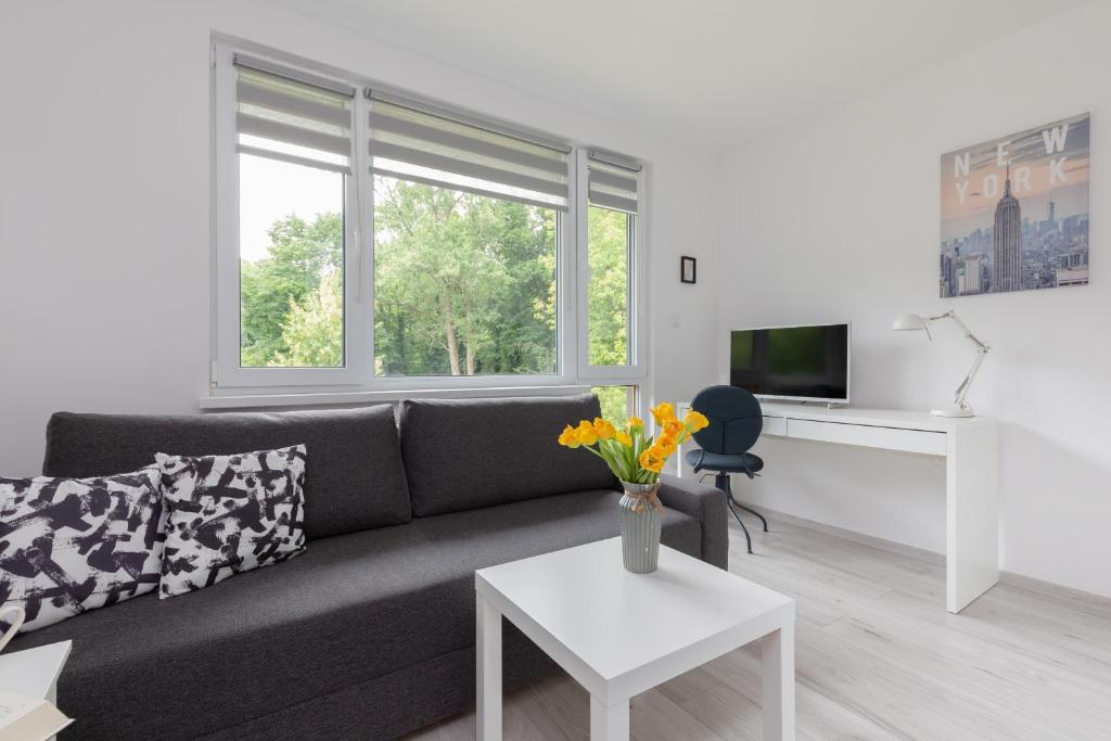 Televízia a/alebo spoločenská miestnosť v ubytovaní Pet-friendly Studio Apartments Batorego Warsaw by Noclegi Renters