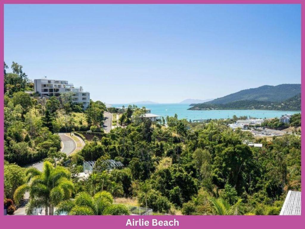 an aerial view of a beach with trees and the ocean at 52 Airlie Beach Beauty at The Summit in Airlie Beach