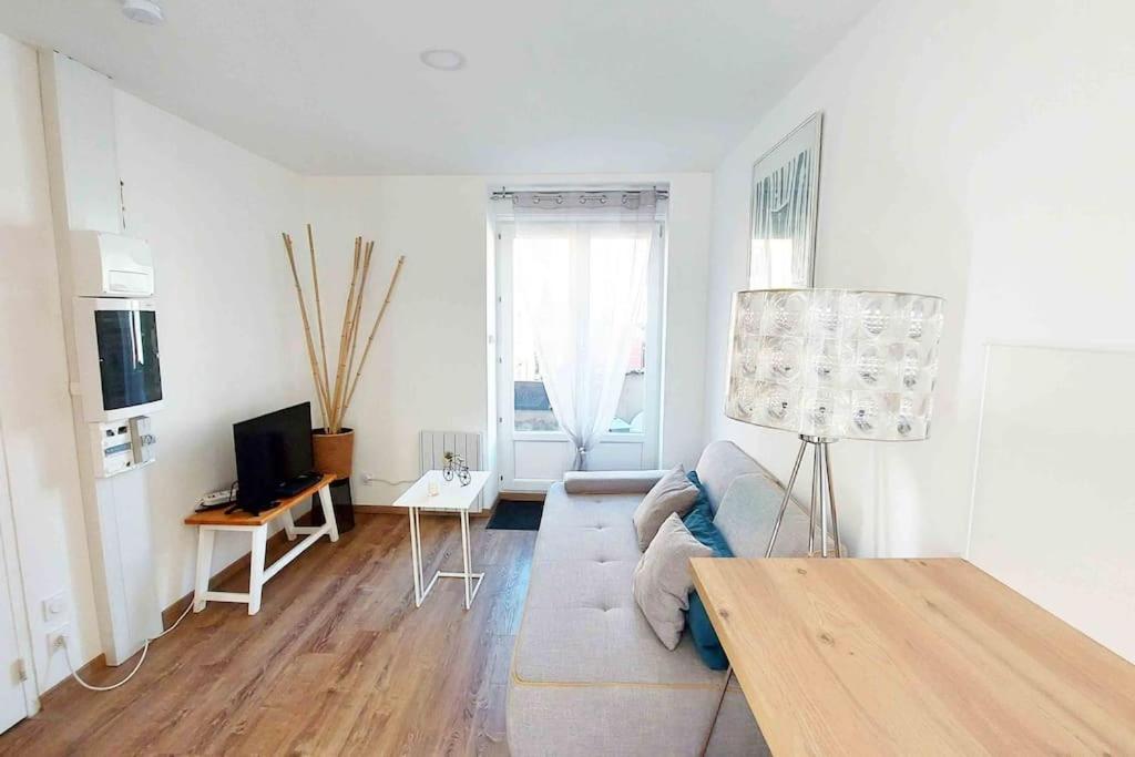 Sala de estar blanca con sofá y TV en Appartements cosy BELFORT, en Belfort