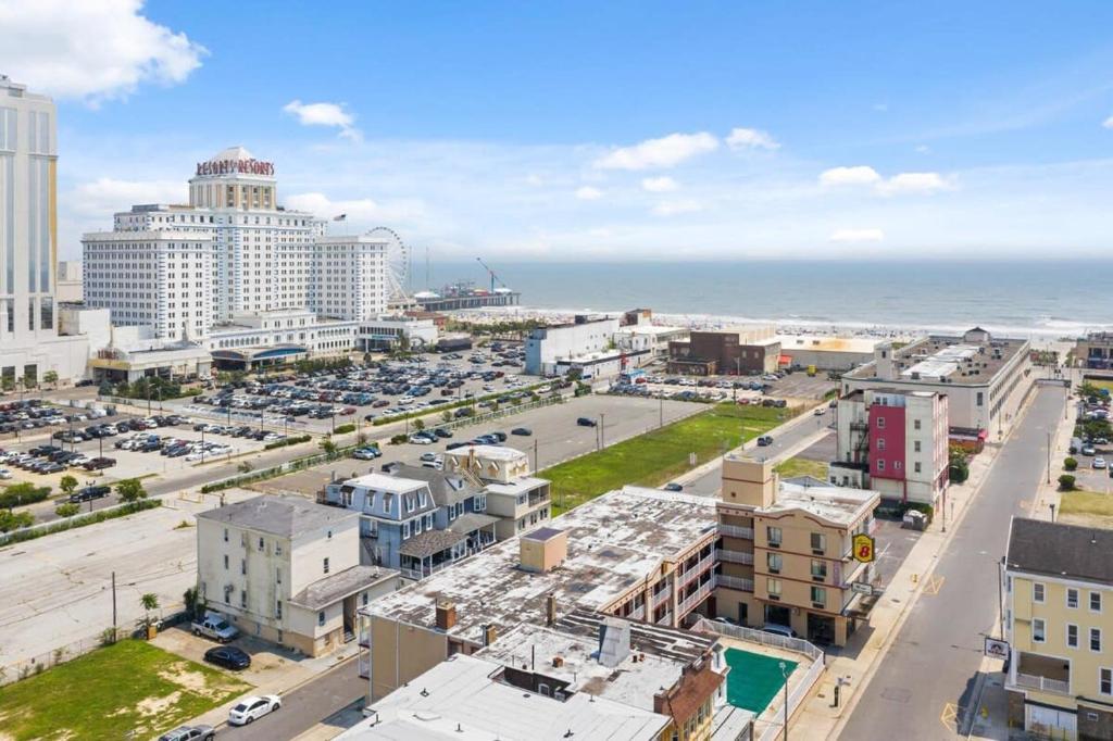 an aerial view of a city with the ocean at 5BR Beach Block Orange Loop Steps from Boardwalk in Atlantic City