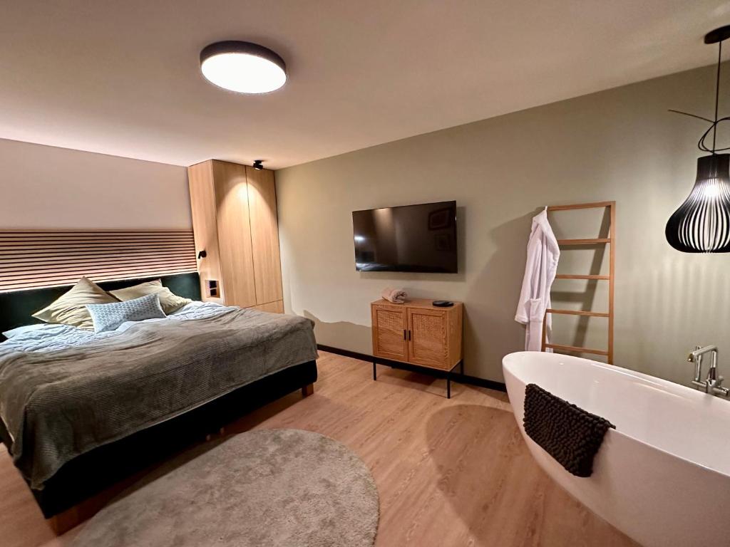 um quarto com uma cama, uma banheira e uma televisão em Better Living em Obertshausen