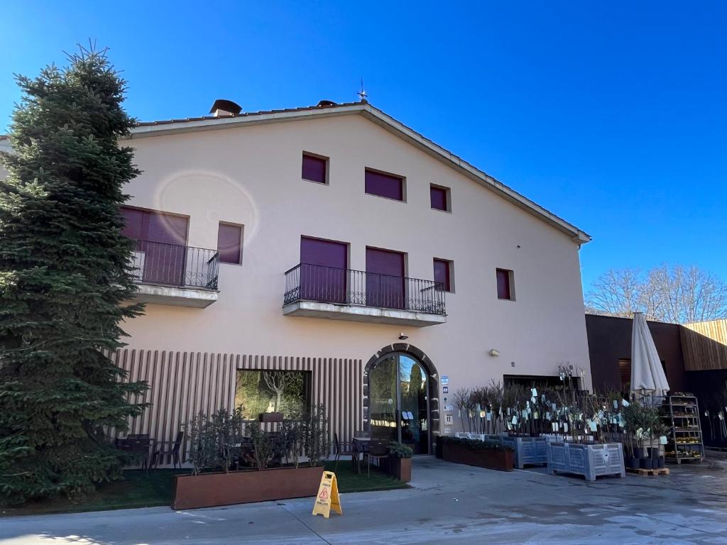 un edificio blanco con un árbol delante en Can Morera Apartaments a Les Preses en Les Preses