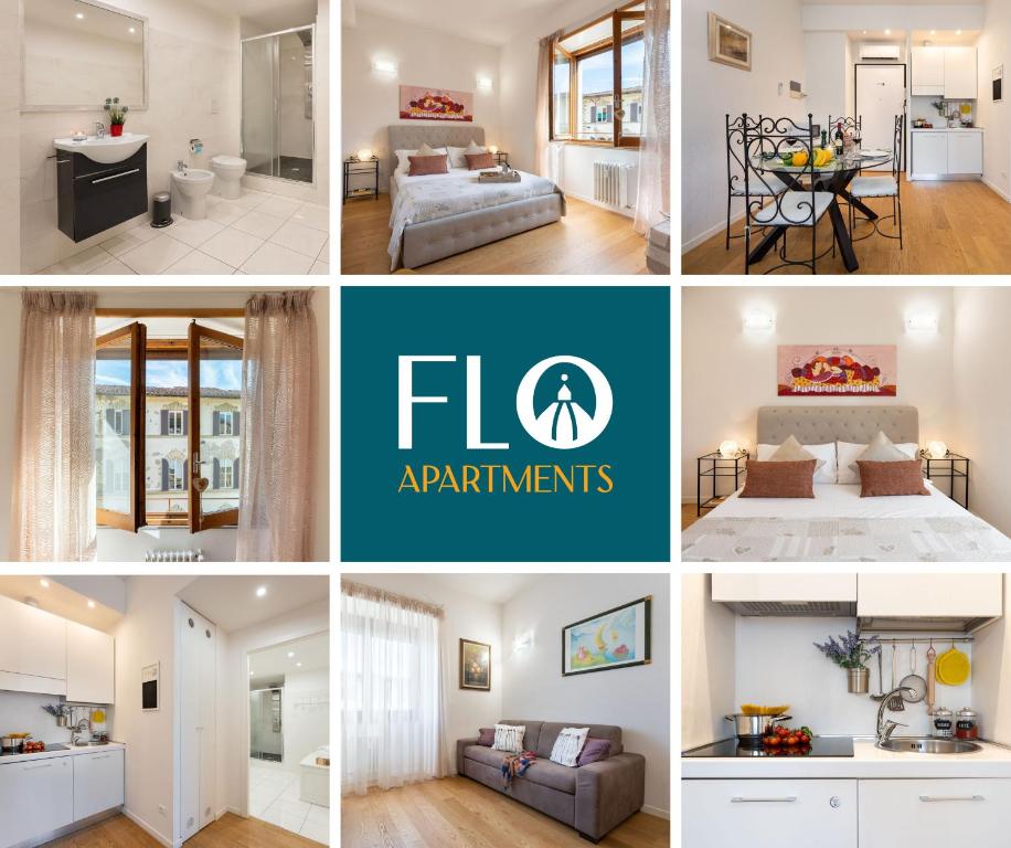 un collage di foto di una camera da letto e di un soggiorno di Santa Maria Novella - Flo Apartments a Firenze