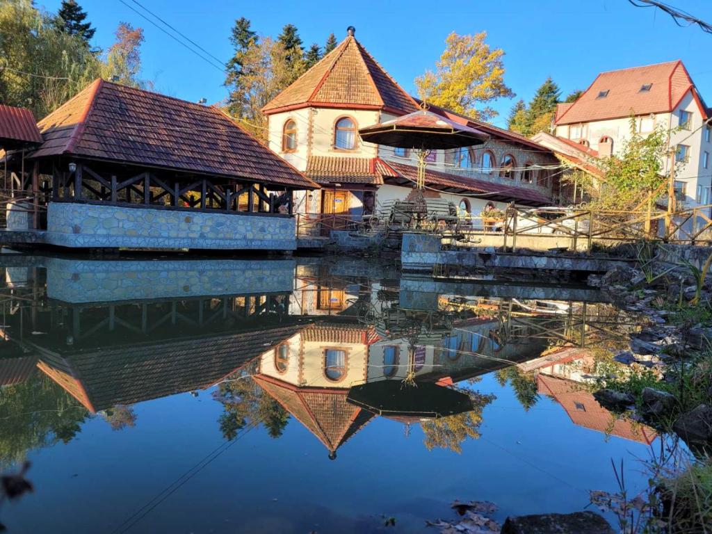 a reflection of a building in the water at Ворота Карпат in Dilyatyn