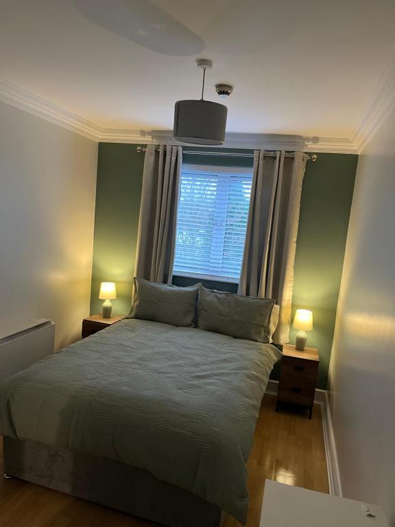 um quarto com uma cama com uma janela e 2 candeeiros em Foyle View Apartment em Derry