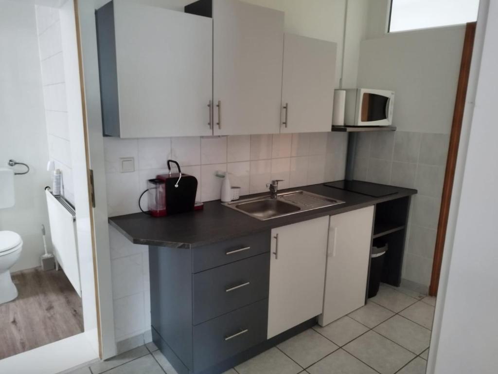 a small kitchen with a sink and a microwave at Ferienwohnung Maks und Kris in St. Andrä am Zicksee