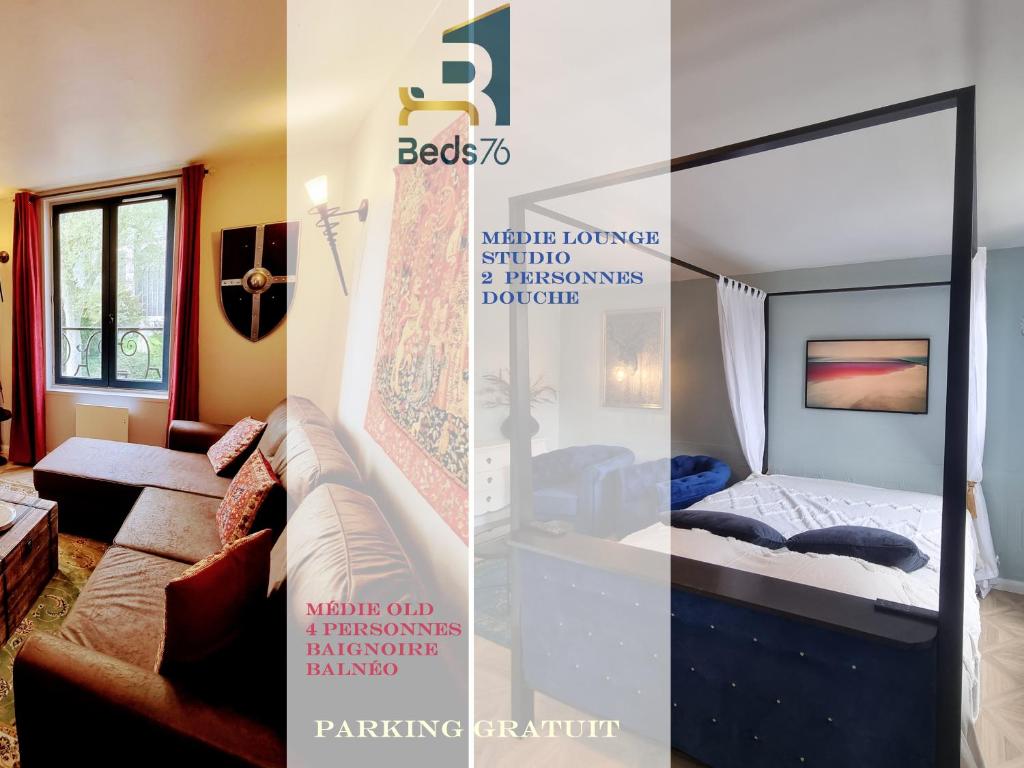 uma colagem de um quarto com uma cama e uma sala de estar em 2 Appt MédiéLounge ou MédiéOld, Parking Vue magnifique par Beds76 em Rouen
