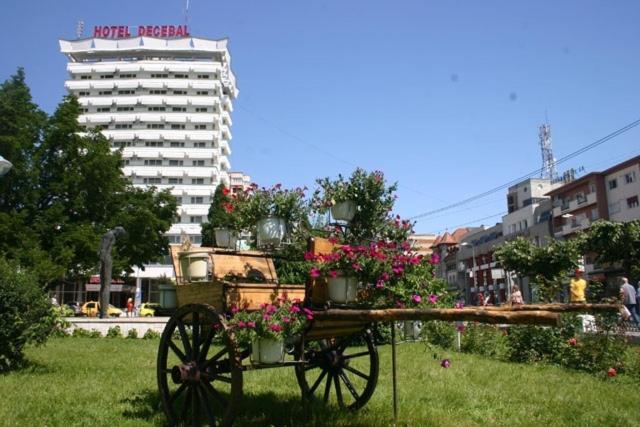 une calèche tirée par des chevaux avec des fleurs dans un parc dans l'établissement Hotel Decebal, à Bacău