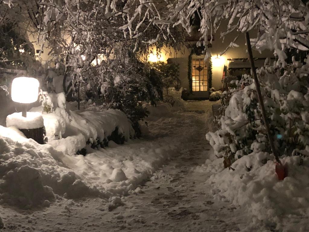 ścieżka pokryta śniegiem w nocy z lampą w obiekcie Villa Fedora w mieście Lizzano in Belvedere