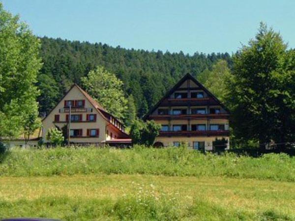 un groupe de bâtiments dans un champ arboré dans l'établissement Gasthof Erlenhof, à Alpirsbach