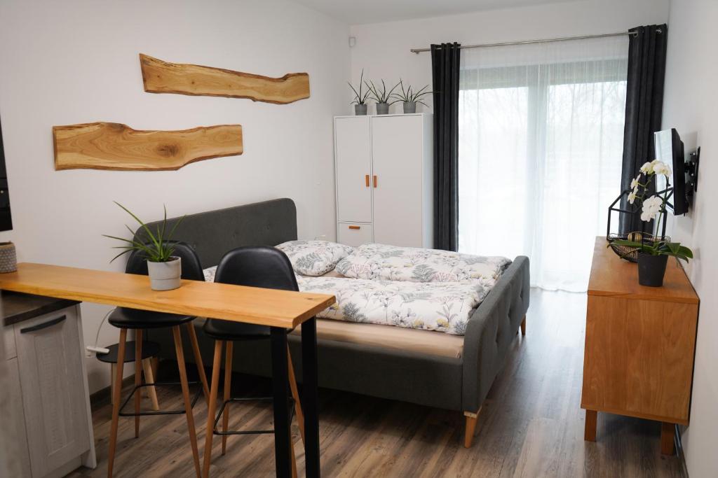 um quarto com uma cama, uma secretária e uma mesa em Hofmann Apartment em Cheb