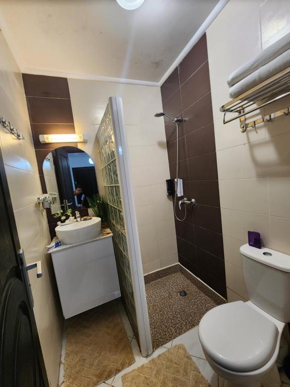 a bathroom with a toilet and a sink and a mirror at FamilyConfort Saidia in Saïdia