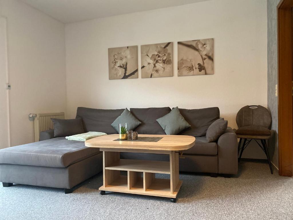 a living room with a couch and a table at Regenbogengasse in Schkeuditz