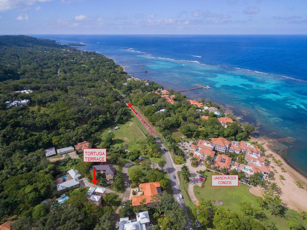 uma vista aérea de uma praia com casas e o oceano em Tortuga Terrace-43 Lawson Rock Home em Roatán