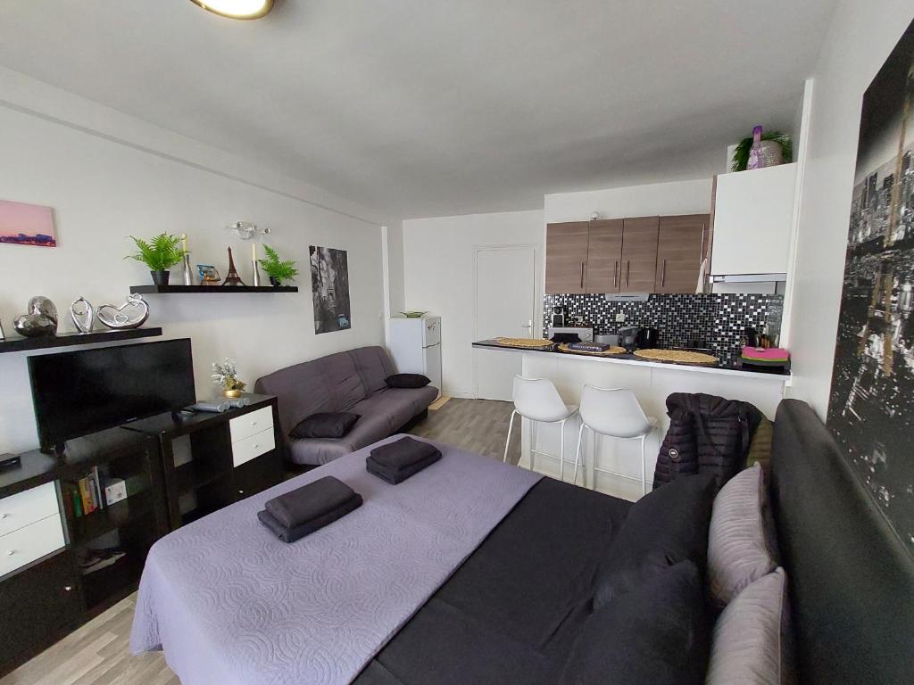 un salon avec un canapé et une cuisine dans l'établissement Apartment Louvre, à Paris