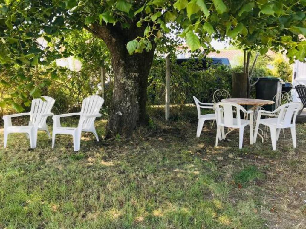 grupa białych krzeseł i stół pod drzewem w obiekcie Aux Gunes w mieście Cissac-Médoc