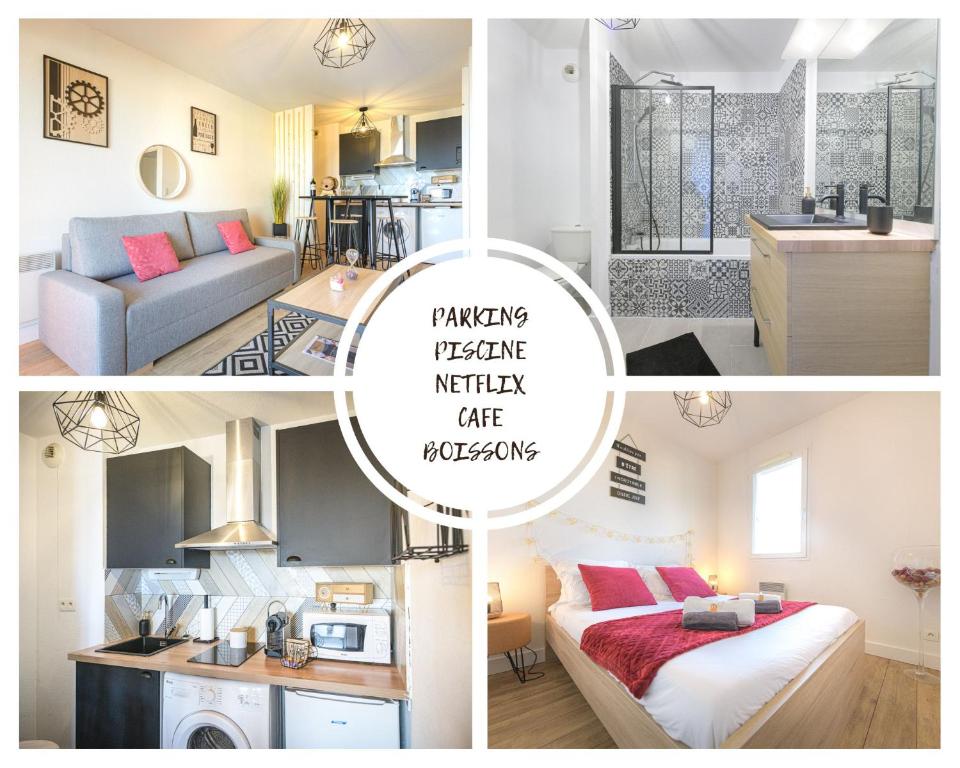 a collage of photos of a kitchen and a living room at Magnifique appartement T2 rénové Aux vendanges Gaillac in Gaillac