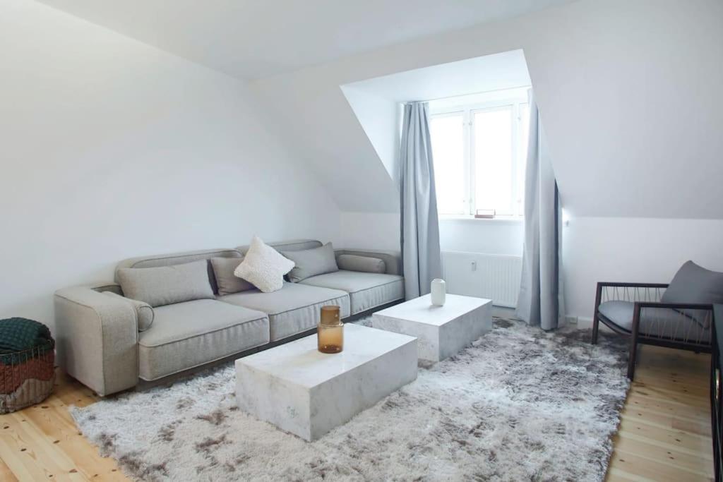 uma sala de estar com um sofá e uma mesa em Cozy 3BR Lake View Flat w Bath Tub in Copenhagen em Copenhaga