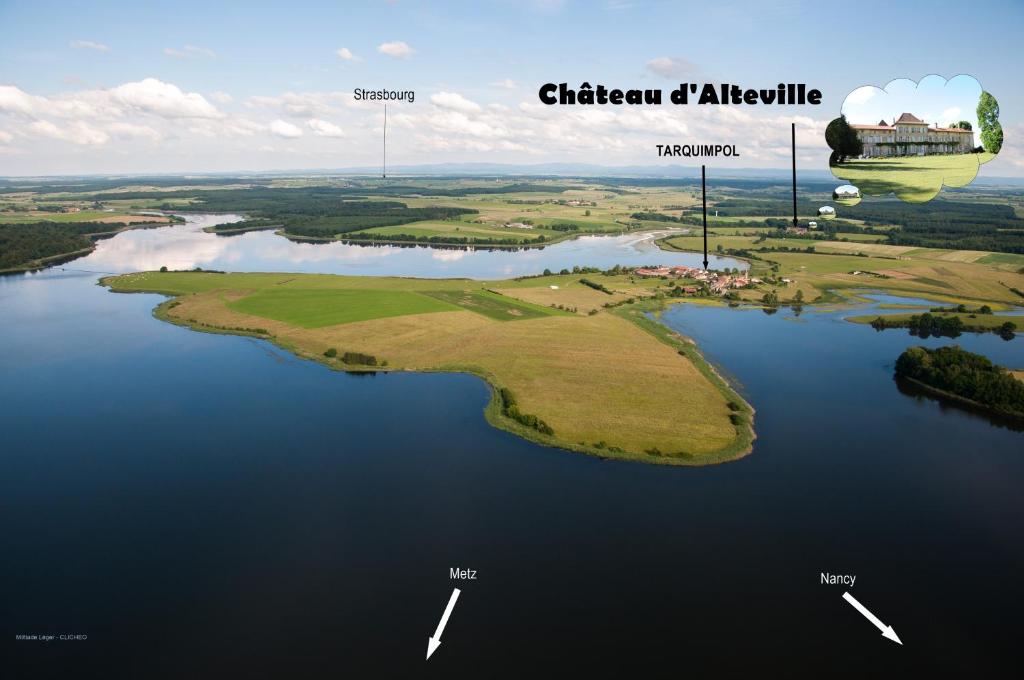 an aerial view of a golf island in a lake at Château D'Alteville in Tarquimpol
