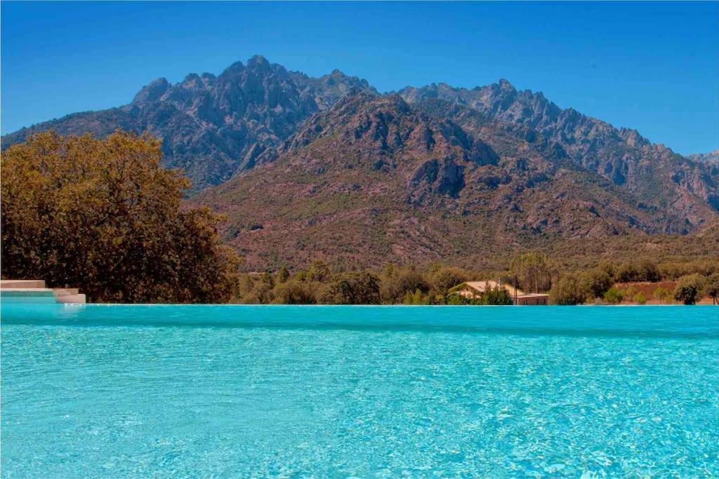 Un grand lac bleu avec des montagnes en arrière-plan dans l'établissement Maison en pierre Corse avec vue proche des Gorges de l'Asco entre mer montagne et piscine, à Moltifao