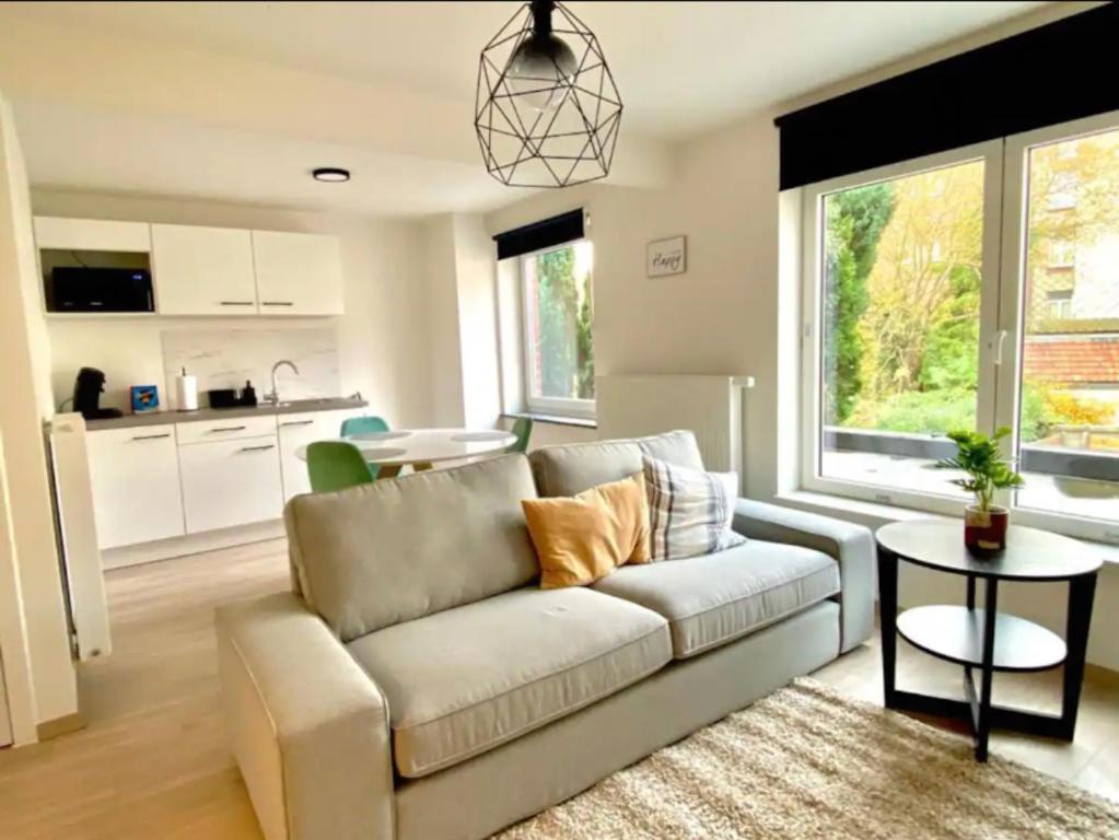 ein Wohnzimmer mit einem Sofa und einem Tisch in der Unterkunft City and Nature in Gent