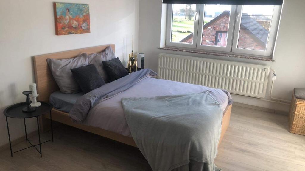 een slaapkamer met een bed met paarse lakens en een raam bij Maison cosy in Remicourt