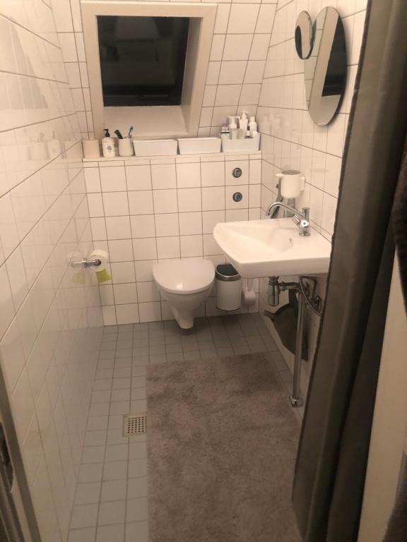 a white bathroom with a toilet and a sink at Nyhavn Apartment in Copenhagen