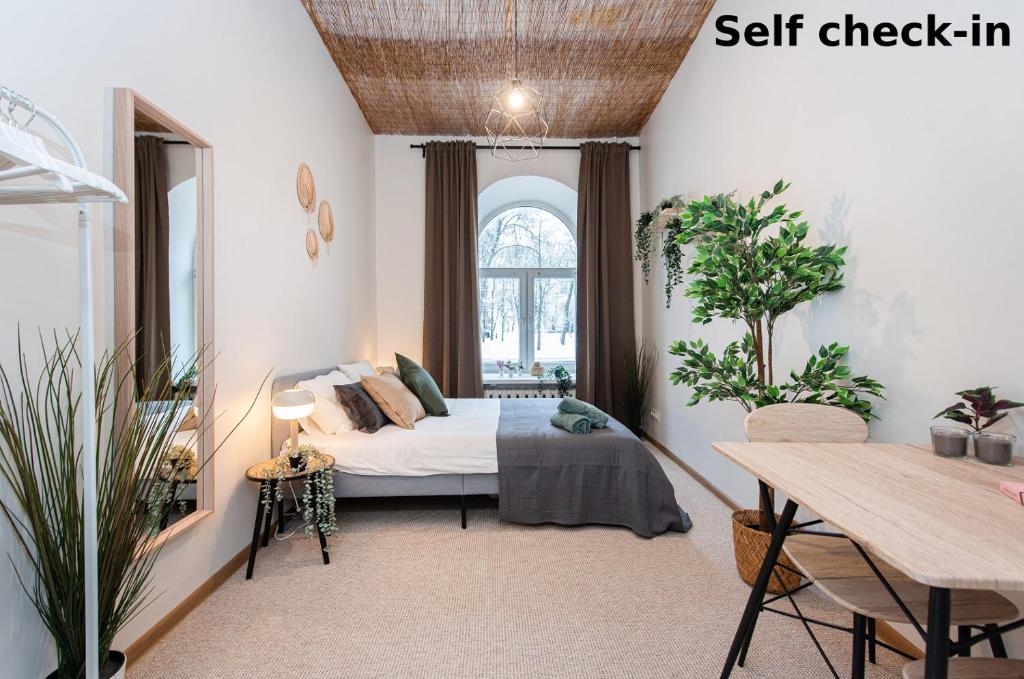 1 dormitorio con cama y ventana en Bali house Vilnius, en Vilna