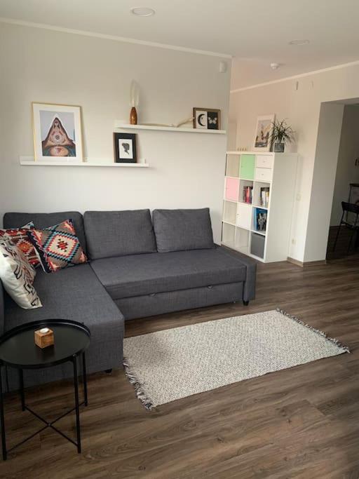 uma sala de estar com um sofá e uma mesa em Cozy apartment in Karmelava em Karmėlava