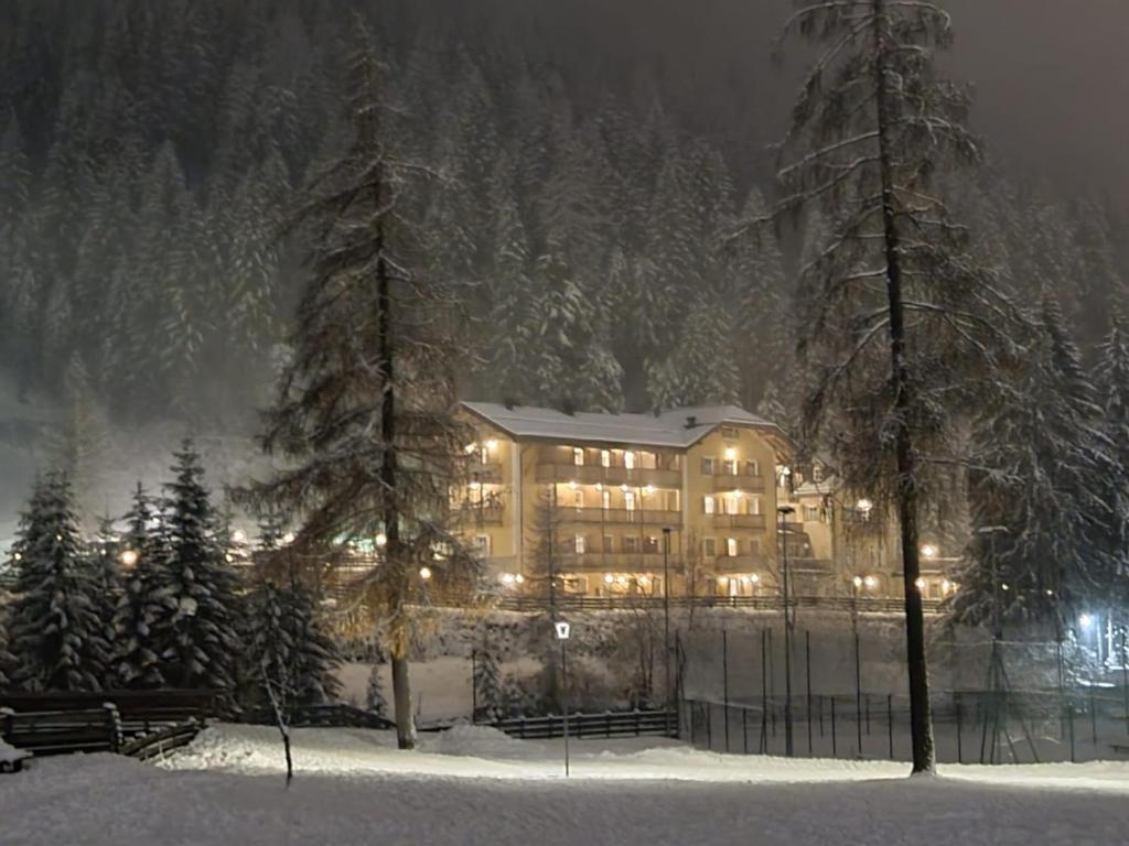 een groot gebouw met 's nachts licht in de sneeuw bij Residence Villa Avisio in Canazei
