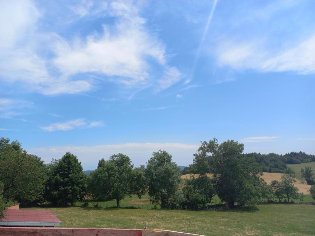 Blick auf ein Feld mit Bäumen und einem blauen Himmel in der Unterkunft La Grange de Léobin in Colombier