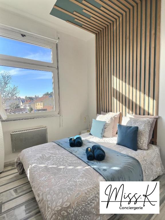 - une chambre avec 2 grands lits et une fenêtre dans l'établissement L'Héritan de Miss.K Conciergerie, à Mâcon