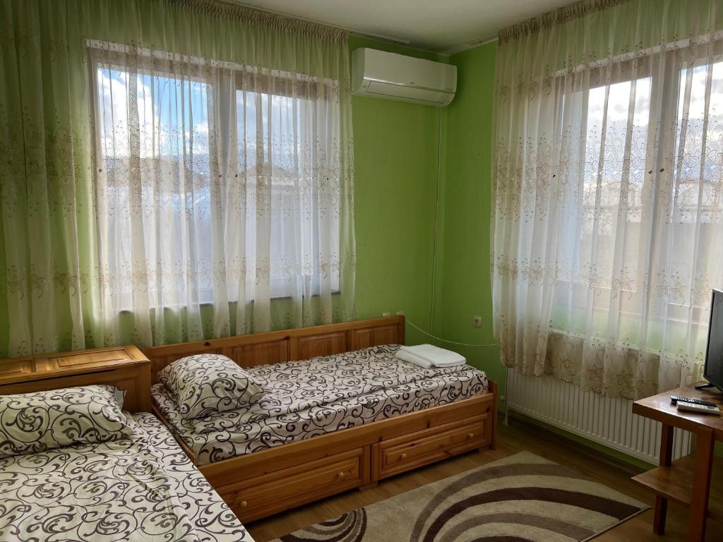 2 Betten in einem Zimmer mit grünen Wänden und Fenstern in der Unterkunft ВИЛА НАНО 